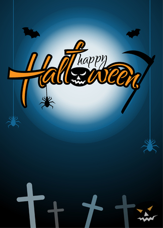 Vertical festive poster for Halloween. Dark night vector illustration with moon, graveyard and flying bats. Happy Halloween Text Banner,のイラスト素材