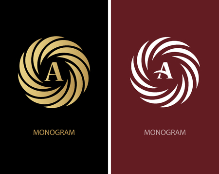 Gold and white round emblem with the letter A on dark background. Elegant swirl monogram template Design. Business style and brand of the company. for Royalty, business card, Boutique, Hotel,の写真素材