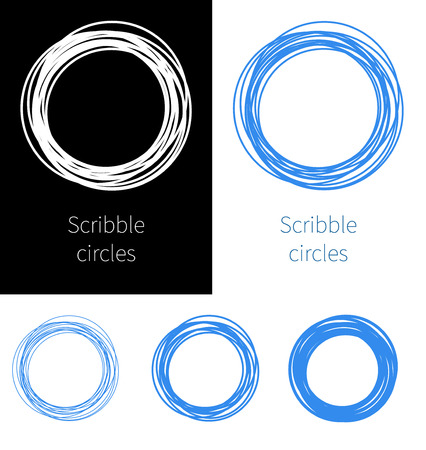 Set Scribble circle blue pen with different thicknesses on white and black background. vector illustration. Thin blue lines.のイラスト素材