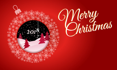 Horizontal red greeting card. White Christmas ball made of snowflakes with a picture inside night winter forest text Merry Christmas 2018.のイラスト素材
