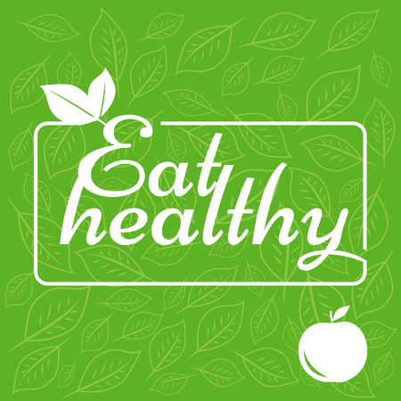 label eat healthy on green background. The sticker with the leaf and apple. vector illustration of symbol of ecology.のイラスト素材