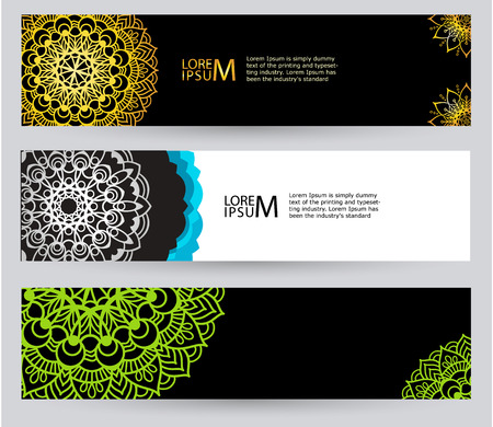 Abstract banners set in black and white. Gold and bright green mandala on black background. Beautiful Oriental lace.のイラスト素材