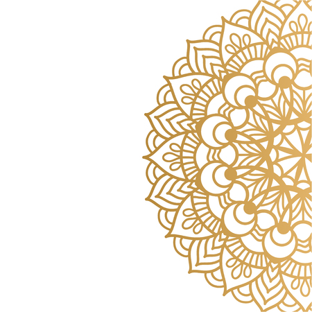 Clean white cover with gold beautiful flower. Golden vector mandala isolated on white background. A symbol of life and health.のイラスト素材
