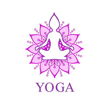 Pink and violet Vector Logo for Yoga center. Isolated on a white background. Wellness center illustration. Girl with leaves on white backgroundのイラスト素材
