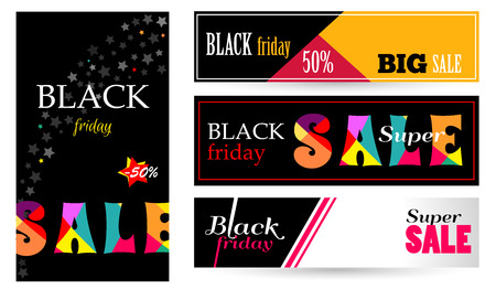 Collection vector banners Horizontal and vertical. Bright banners on black and dark blue background. Black Friday Big Sale. Super sale discount up to 55 .のイラスト素材