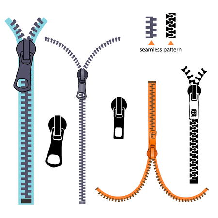Set fashion Elements. Basic Plastic Zipper. Open and closed lock. Repeating element. fastener vector. zipper for cloth isolated on white background.のイラスト素材