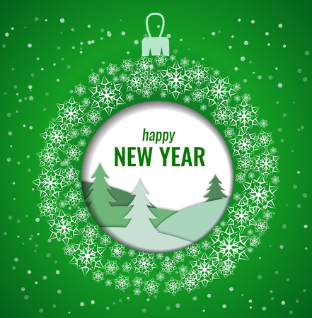 Square green Christmas card. Christmas ball made of snowflakes with a picture inside winter forest and the text Happy New year.のイラスト素材