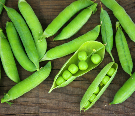 Top view of green peas, pods open and closed. Green background of peas close-up.の写真素材