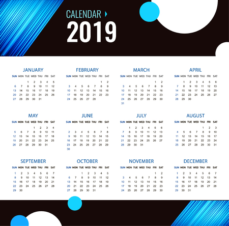 Modern calendar template for 2019 years. Bright blue abstract background top. Week starts from Sunday. For business on white background. Vector illustration.のイラスト素材
