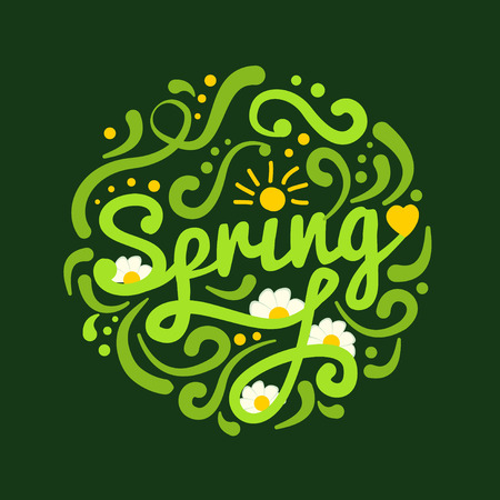 Brush lettering Spring in round on dark green background.のイラスト素材