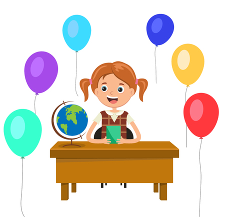 Girl sitting at a Desk in the classroom. On the table is a globe. On the background of festive balloons.のイラスト素材