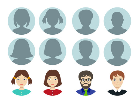 Avatar Shadow Girl and man on a colored background. vector Silhouette Girl and man Avatar set hairstyles.のイラスト素材
