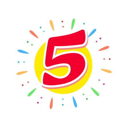 The red 5 in the middle of the fireworks. Us five year. Or to wish You a happy birthday. Vector illustration in a flat style on white background.のイラスト素材