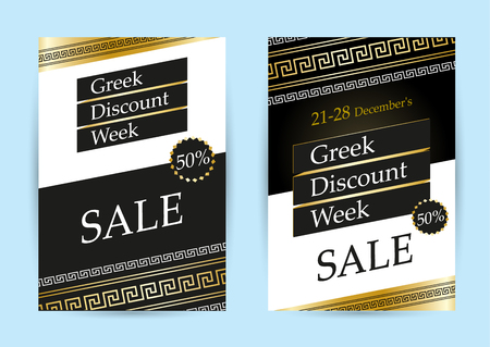 Bright poster with Greek gold ornament. Abstract vector graphic background. Set vertical bannersのイラスト素材
