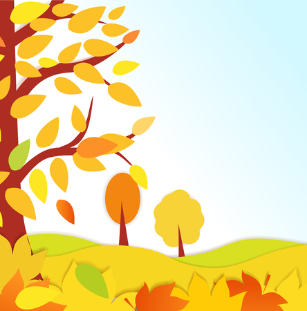 Bright autumn background. Autumn forest with falling leaves. place under text for flyers, leaflet, web.のイラスト素材