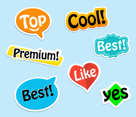 Collection paper stickers. colorful labels for your projects. Top, cool, Premium, Best, Like, yes.のイラスト素材