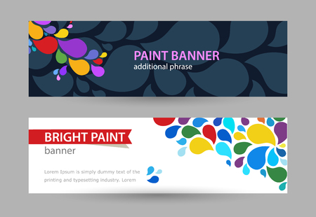 Abstract Bright banner with drops of rainbow paints on white and black background. Set horizontal banners with empty place for text.のイラスト素材