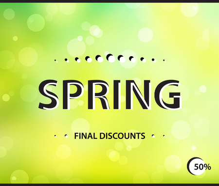 Stylish spring horizontal poster. Final sale green bright background with bokeh. A 50 discount. Vector illustration template. For banners, flyers, invitation, brochure, voucher.のイラスト素材