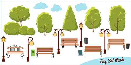 Big collection elements for city park. Tree, trash can, lantern and benches in flat style.のイラスト素材