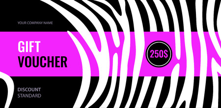 Horizontal gift voucher white stripes on black background. Bright pink abstract design. Universal template for your projects with space for text. Vector illustration.のイラスト素材