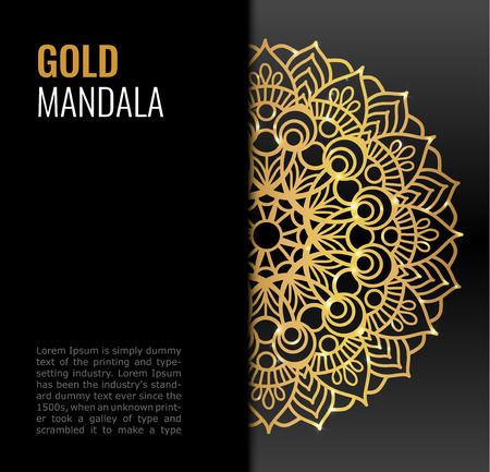 Black poster with gold beautiful mandala. Golden vector flower on dark background. Decorative ornate round mandala. Invitation, wedding card.のイラスト素材
