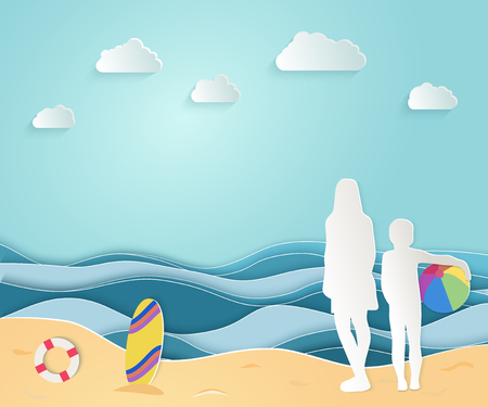 Summer sea picture origami made paper. Mom and child standing on the beach and looking at the beautiful sea. Vector illustrations, paper art and digital crafts style.のイラスト素材