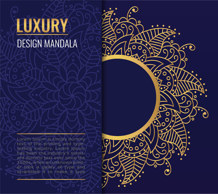Design card with golden vector mandala on dark blue background. A symbol of life and health. Invitation, banner, magic symbol.のイラスト素材