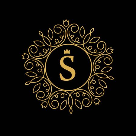 Round emblem with the gold letter S on black background. Elegant floral monogram template Design restaurant, hotel, jewelry. invitations on Wedding.のイラスト素材