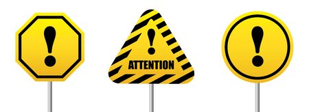 Set road sign Attention bright yellow symbol. Banner to attract attention. Vector illustration. Design with attention for poster or signboard.のイラスト素材