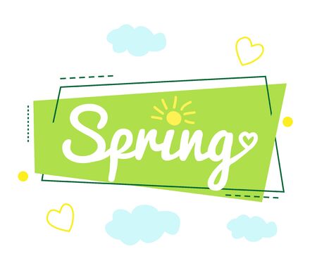 A bright spring banner in the nursery, clouds, sunshine, hearts. Cheerful vector illustration. Hello spring.のイラスト素材