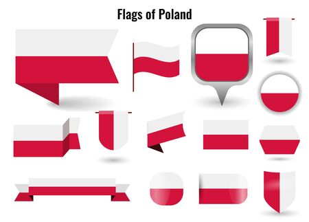 A large set of icons and signs with the flag of the Poland. Square and round Poland flag. Collection of different types of horizontal and vertical.のイラスト素材