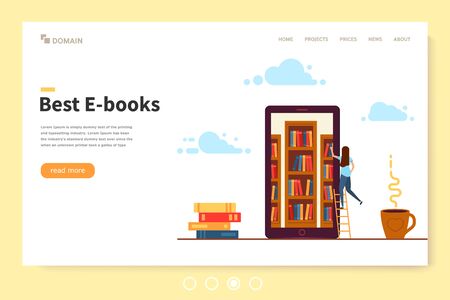Landing page template, online library. Young girl in the phone looking for an e-book. In the background, a stack of books and a Cup of hot coffee. Vector illustration in modern flat design.のイラスト素材