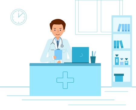 Doctor therapist sitting at a table in the medical office.のイラスト素材