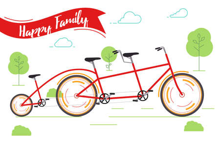 Banner happy family. Red bicycle. Bike rides in the Parkのイラスト素材