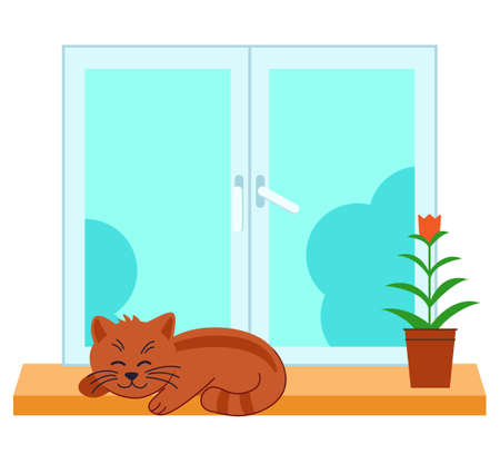 Cute pet cat is sleeps in the window.Flat design style.のイラスト素材