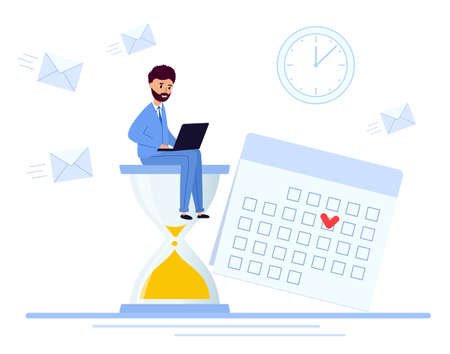 Business Man sitting on an hourglass and works on laptop.