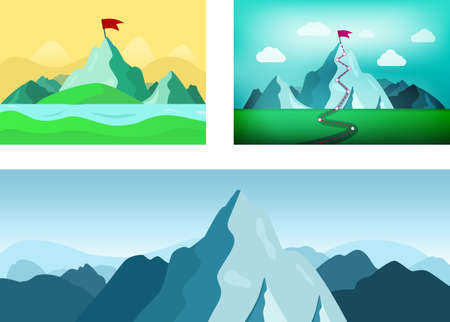 Set of vector illustrations with mountains. Landscape with a mountain and rareのイラスト素材