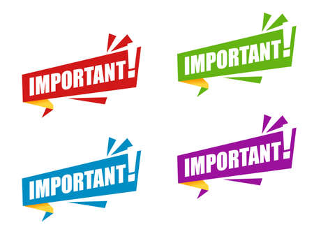 Set color ribbon important with exclamation mark. Modern Web Banner Element, red, green, blue. Vector banner in modern flat style on white.のイラスト素材