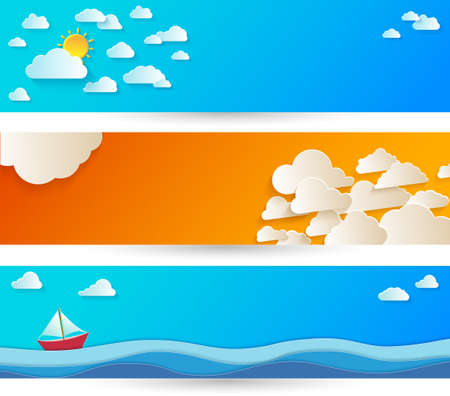 Bright abstract background with white paper clouds on blue sky.のイラスト素材