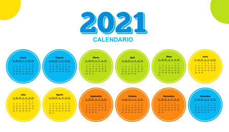 Color calendar on 2021 year with circle shape, spanish.のイラスト素材