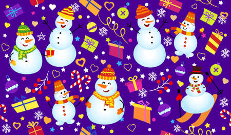 Winter pattern with snowmen, snowflakes and gifts. Family Snowman on dark blue background.のイラスト素材