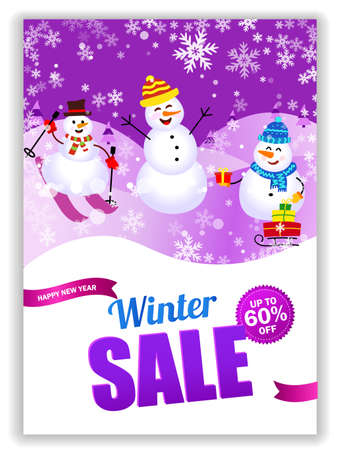 Poster Merry Christmas. Winter Sale up to 60 off. Three snowmenのイラスト素材