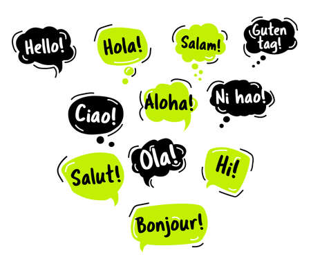 Speech Bubble. Hello, in different languages of the world. Hand drawn doodleのイラスト素材