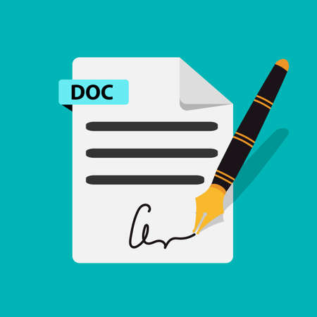 A fountain pen signs the document. A paper sheet with a signature.のイラスト素材