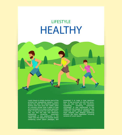 Poster healthy active lifestyle. Family Jogging in the Park. Concept happy familyのイラスト素材