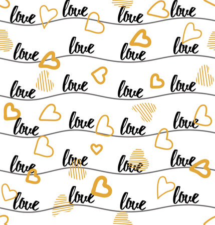 Seamless vector pattern gold hearts and word love on black striped background.のイラスト素材