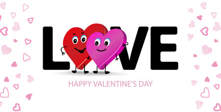 card happy Valentines day. Two loving hearts couple. Word Loveのイラスト素材