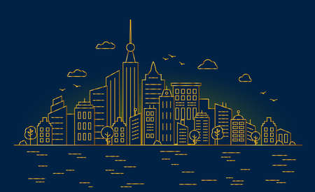 Thin Golden lines. Night big city. Panorama architecture buildings outline.のイラスト素材