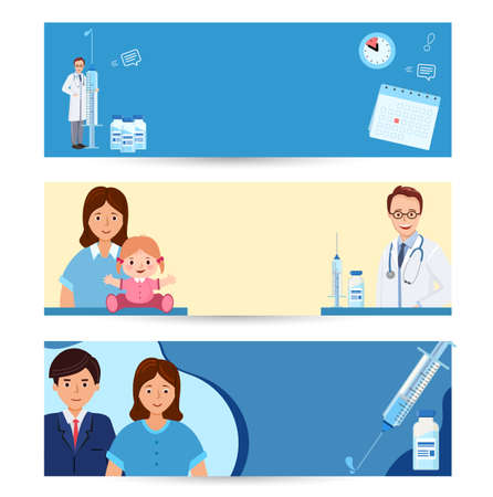 Set banner Kids vaccination. mother and child at a pediatricians appointment.のイラスト素材