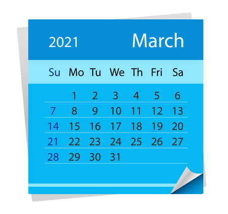 Calendar sheet on month of March 2021. Vector Illustration.のイラスト素材